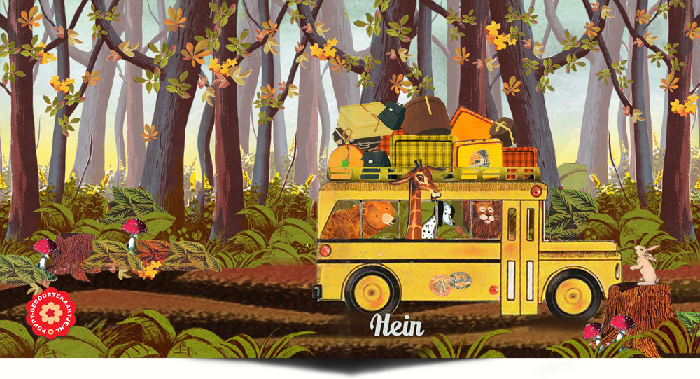 Geboortekaartje retro herfst, één van de leuke nostalgische geboortekaartjes met bus vol dieren die op pad zijn. Elk seizoen is mogelijk.
