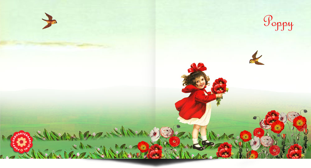 Geboortekaartje nostalgisch meisje met klaprozen. Een prachtig lente geboortekaartje met bonte bloemen. Vintage geboortekaartje dat tijdloos zal zijn.