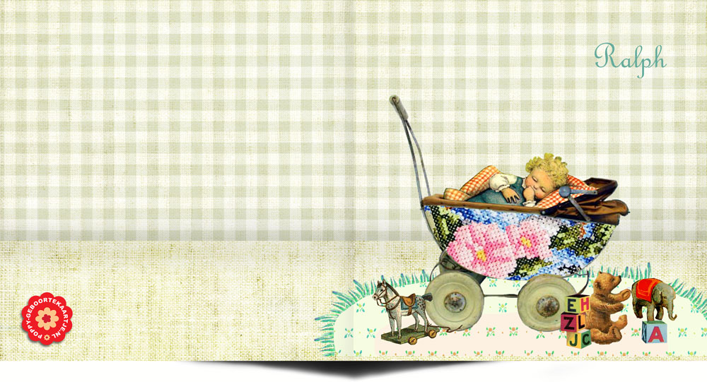 Een vintage geboortekaartje met tweeling in wandelwagentje. Door de geruite stof en geborduurde wagentje lijkt het net handwerk. Het beste van nostalgie, vintage en retro komen in dit geboortekaartje samen.