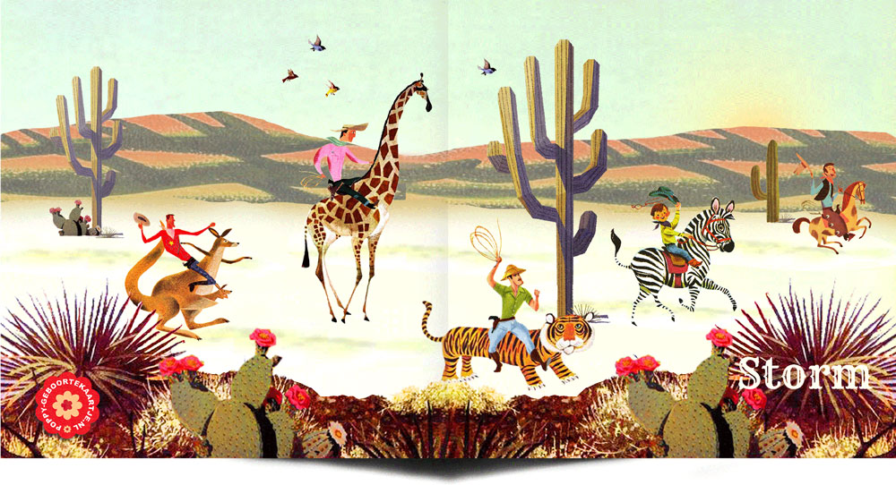 Retro geboortekaartje cowboy in een wereld waarin alles kan en mag. Een cowboy op giraffe, kangaroo, zebra of tijger, ze lijken wel uit een jaren '60 gouden boekjes voorleesboekje gelopen