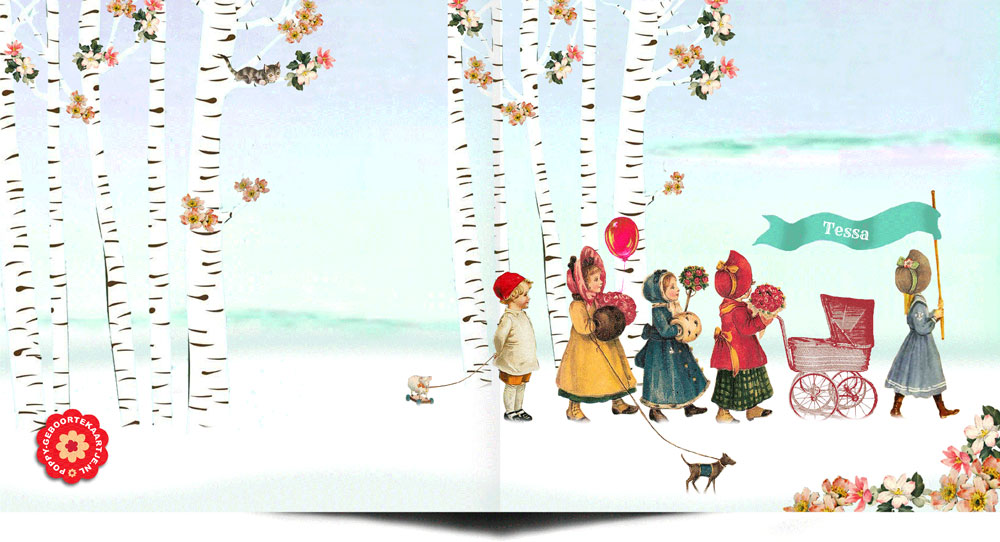 Nostalgisch geboortekaartje winter. De kindjes lopen in parade door het sneeuwlandschap.