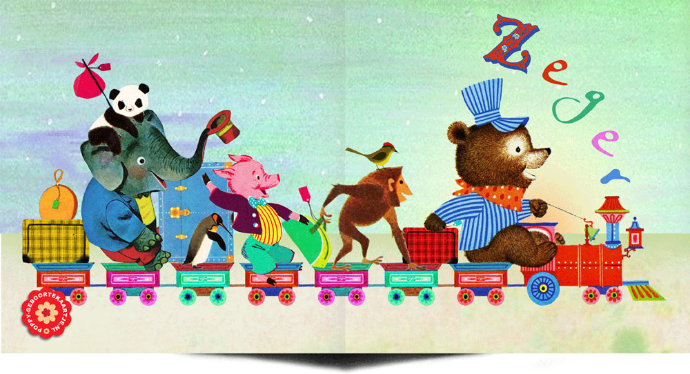 Retro geboortekaartje met beer en aap in een treintje. Romantische tafereeltjes die zo uit een jaren '60 voorleesboekje gelopen zijn. Ideaal als illustratief geboortekaartje.