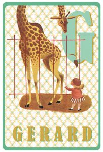 Geboortekaartje retro vintage met giraffe. Kleuren mint en okergeel. De retro vintage geboortekaartjes zijn geïnspireerd op de retro alfabet boekjes