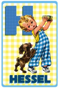 Geboortekaartje retro vintage met jongetje en zijn hondje. De retro vintage geboortekaartjes zijn geïnspireerd op de retro alfabet boekjes