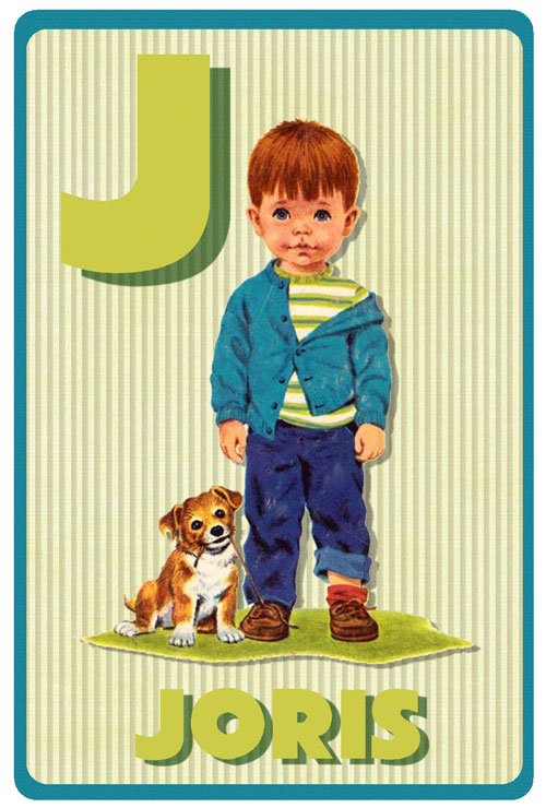 Geboortekaartje retro vintage met jongetje en zijn hondje. De retro vintage geboortekaartjes zijn geïnspireerd op de retro alfabet boekjes