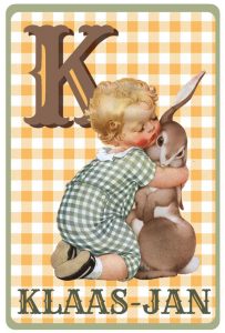 Geboortekaartje retro vintage met jongetje en konijn. De retro vintage geboortekaartjes zijn geïnspireerd op de retro alfabet boekjes