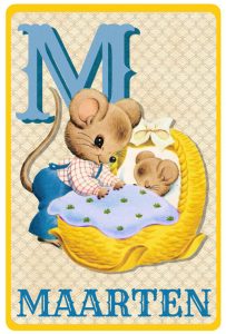 Geboortekaartje retro vintage met vader muis en baby muis in wiegje. De retro vintage geboortekaartjes zijn geïnspireerd op de retro alfabet boekjes