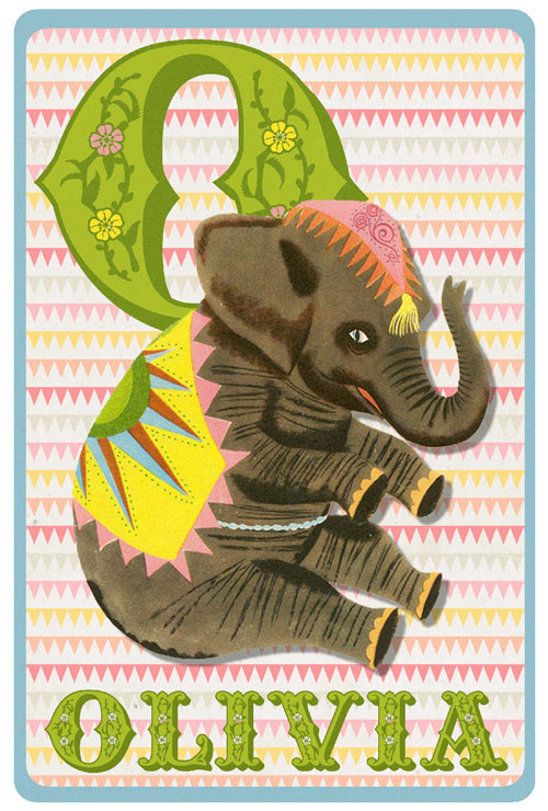 Retro geboortekaartje alfabet, circus olifant