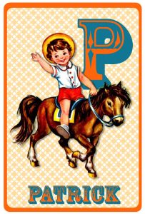 Geboortekaartje retro vintage met jongetje op een paard of pony. De retro vintage geboortekaartjes zijn geïnspireerd op de retro alfabet boekjes