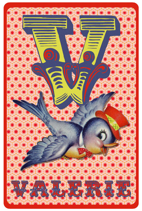 Retro geboortekaartje alfabet, vogel met hoedje op