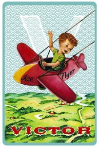 Retro geboortekaartje met retro vliegtuig. Geboortekaartjes geïnspireerd door het retro alfabet en gouden boekjes