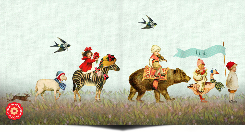 Nostalgisch geboortekaartje met dierenparade. De dierenparade bestaat uit een gans, haas, beer, zebra en schaap.