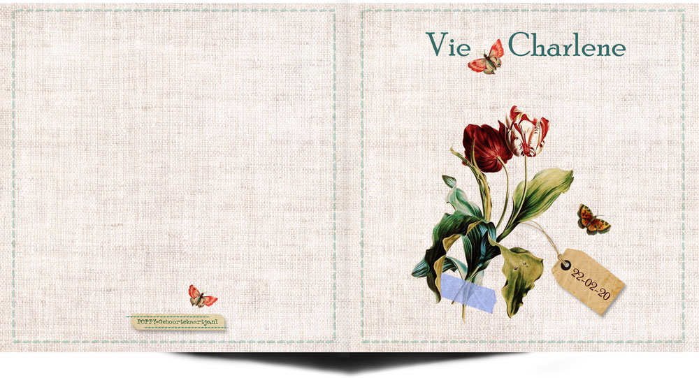 Geboortekaartje vintage met tulpen en vlinders. Een stijlvol kaartje om de geboorte aan te kondigen