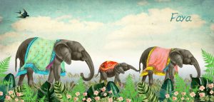 Geboortekaartje nostalgisch met olifanten familie in jungle met bloemen.