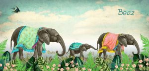 Geboortekaartje nostalgisch met moeder en tweeling baby olifant in jungle met bloemen.