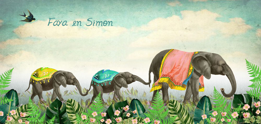 Geboortekaartje nostalgisch met moeder en baby olifant in jungle met bloemen.