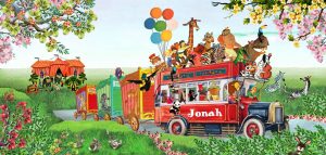 Geboortekaartje nostalgisch bus met circus dieren zoals neushoorn, olifant, koe, beer, giraf, hond, tijger, zebra, aap, pinguin en poes. Een geboortekaartje waar retro en nostalgie samen komen in een mooi illustratief geboortekaartje.