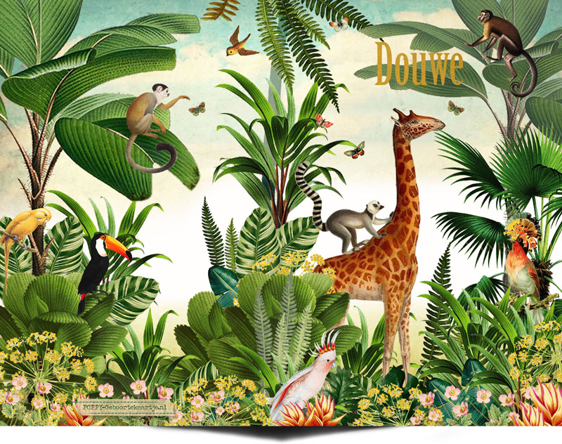Geboortekaartje jungle met giraffe en aapjes. Dit jungle geboortekaartje is hip en speels zonder zoet te zijn. Het jungle thema kun je ook doortrekken naar het jungle kinderkamertje.