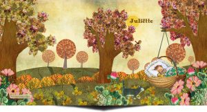 herfst geboortekaartje in herfst kleuren met bomen, bloemen en baby in mandje