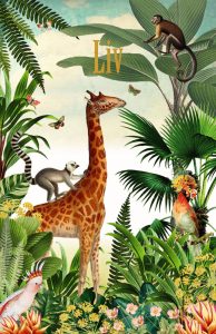Geboortekaartje botanisch met giraffe en aapjes. Dit jungle geboortekaartje is hip en speels zonder zoet te zijn. Het jungle thema kun je ook doortrekken naar het jungle kinderkamertje.