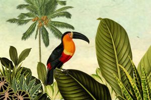 Botanisch behang of canvas met bananenblad en tropische vogels.