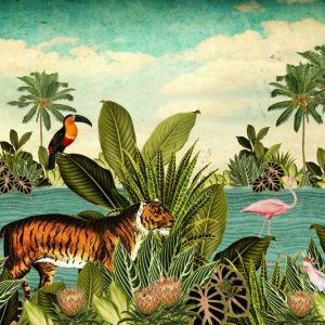 Botanisch behang of canvas tropische dieren zoals de tijger, toekan en flamingo.