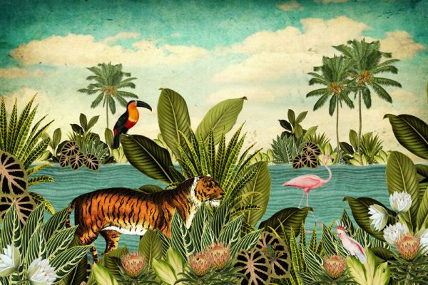 Botanisch behang of canvas tropische dieren zoals de tijger, toekan en flamingo.