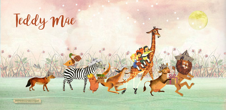 Dieren parade in oud roze en groen met maan en sterren. De vos, giraffe, kangoeroe, zebra, leeuw en koe zijn op weg naar het pasgeboren kindje.