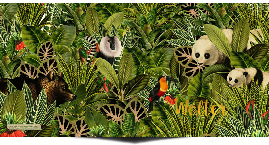 Botanisch geboortekaartje jungle met pandabeer. De palmen en jungle planten zijn bijzonder illustratief en prachtig in combinatie met goudfolie.
