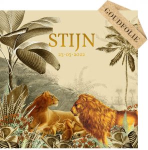 Geboortekaartje jungle met leeuwenfamilie en palmen. De echte goudfolie maken dit botanische geboortekaartje heel bijzonder.