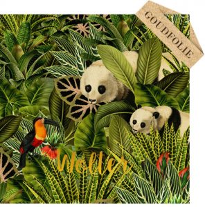 Botanisch geboortekaartje jungle met pandabeer. De palmen en jungle planten zijn bijzonder illustratief en prachtig in combinatie met goudfolie.