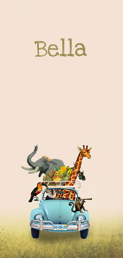 Geboortekaartje met volkswagen jungle. Aap, giraffe, olifant, vogel.