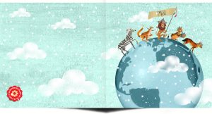 Geboortekaartje wereldbol met dieren en sneeuw. Geschikt voor kleine ontdekkingsreizigers en adoptie.