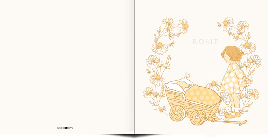 Geboortekaartje illustratie baby in wandelwagen met grote zus. Fijne botanische lijntekeningen maken dit geboortekaartje erg bijzonder. In warme ton sur ton kleuren en initialen van jullie kindje heb je iets bijzonders in handen. De achtergrondkleur is eenvoudig aan te passen. Met de ontwerptool kun je jouw mooie geboortekaartje ontwerpen zoals jij dat wil.