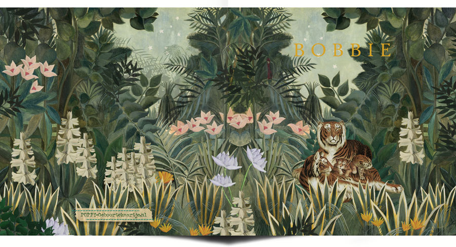 Bohemien geboortekaartje met tijgers in de jungle. Bloemen en varens zijn schitterend decoratief.