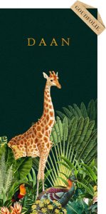 Geboortekaartje jungle met giraffe en zebra. Botanische planten maken het tot een bijzonder geboortekaartje. Liefhebbers van bohemian kunnen hun hart ophalen hiermee.