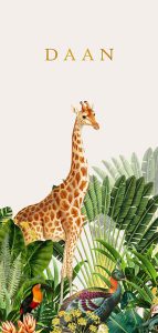Jungle geboortekaartje met giraffe en zebra. Botanische planten maken het tot een bijzonder geboortekaartje. Liefhebbers van bohemian kunnen hun hart ophalen hiermee.