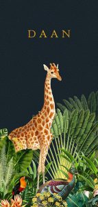Jungle geboortekaartje met giraffe en zebra. Botanische planten maken het tot een bijzonder geboortekaartje. Liefhebbers van bohemian kunnen hun hart ophalen hiermee.