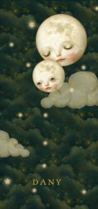 Romantisch geboortekaartje met maan, wolken en sterren in zachte poedertinten. Illustratief geboortekaartje welke ook in foliedruk geleverd kan worden. Vraag eens een gratis proefdruk aan.