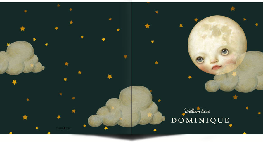 Bohemian geboortekaartje met maan, wolken en sterren in zachte poedertinten. Illustratief geboortekaartje welke ook in foliedruk geleverd kan worden. Vraag eens een gratis proefdruk aan.
