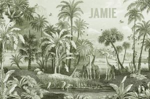 Bohemian geboortekaartje met jungle. Palmen en giraffen in een prachtige mono tint voor een hip geboortekaartje jungle. Laat eens een gratis proefkaartje maken.
