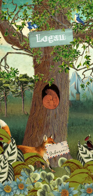 Retro vintage geboortekaartje met eekhoorntjes in de boom en andere bosdieren.