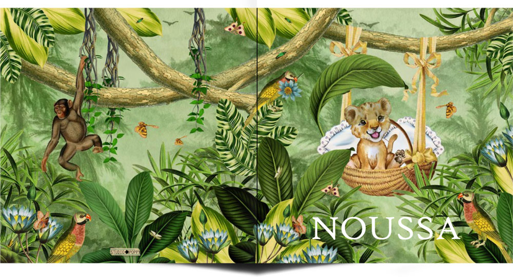 Illustratief geboortekaartje met lief welpje in mandje bungelend boven de jungle. De vlinders en vogels maken het een gezellig en lief kaartje.