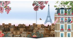 Geboortekaartje stoer en lief tegelijk. Prachtige retro vintage illustratie met de stad Parijs en Eiffel toren zichtbaar. Sereen, illustratief en prachtig van kleur.