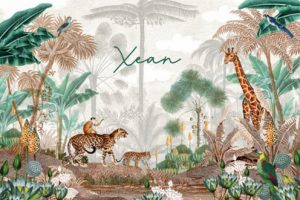 Illustratief geboortekaartje met botanisch beeld palmbomen en varens. Hip geboortekaartje met speelse details zoals de giraffe en panter.