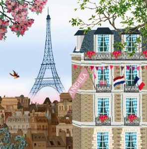 Geboortekaartje stoer en lief tegelijk. Prachtige retro vintage illustratie met de stad Parijs en Eiffel toren zichtbaar. Sereen, illustratief en prachtig van kleur.