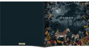 Illustratief geboortekaartje met botanisch beeld van bos bij maanlicht met zebra’s. Kleurrijk geboortekaartje met bloemen, vogels en vlinders.