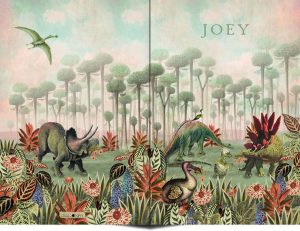Geboortekaartje dinosaurus prehistorie. Een illustratief geboortekaartje met als thema dinosaurus. Prachtige bloemen en planten met verschillende dinosaurussen, stegosaurus.